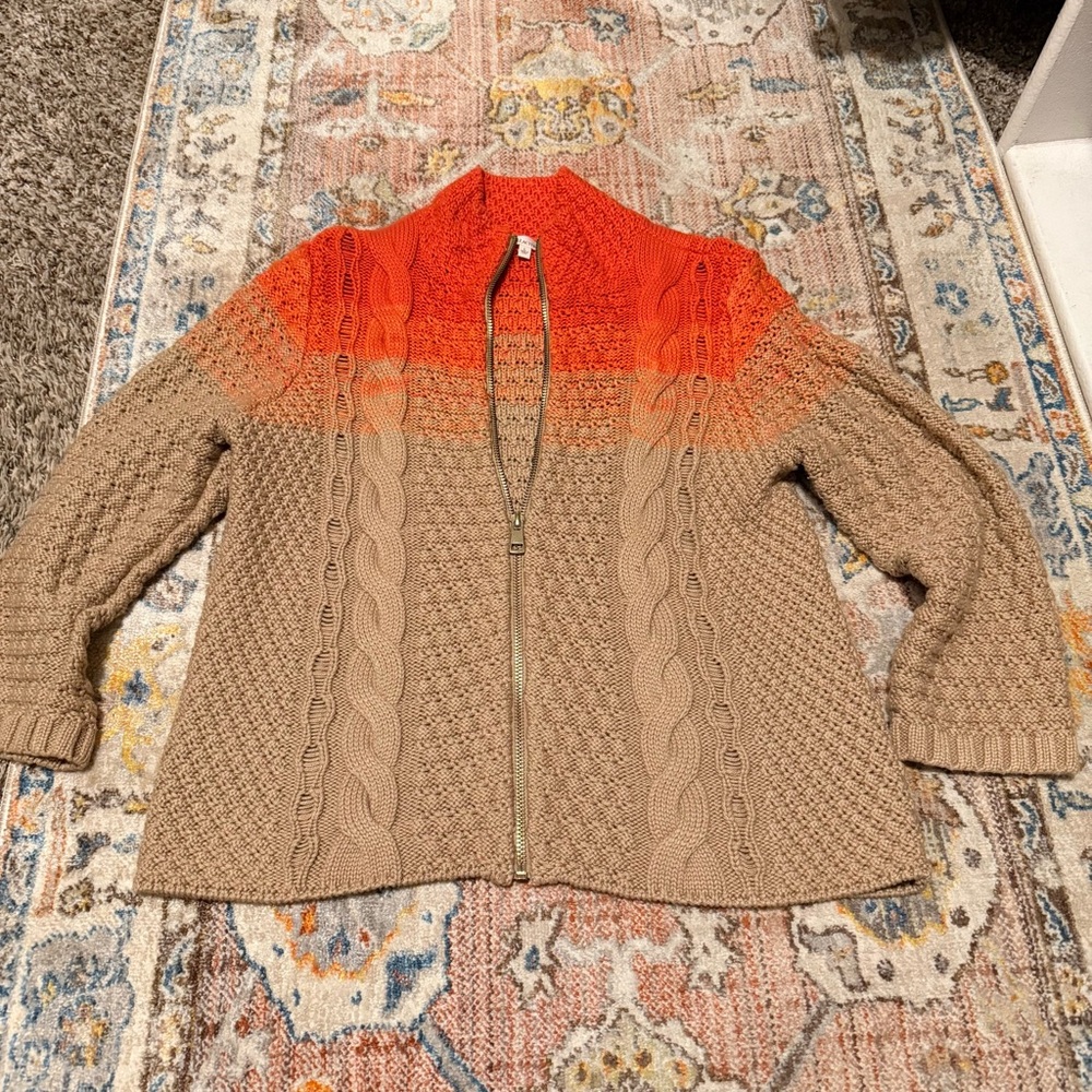 Rachel Roy Women's Orange and Tan Zip Up, Crop Sweater. Large fits like Medium